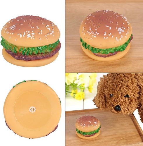 GLOGLOW Rubber Hamburger Squeaky Toy for Dogs, Teeth Grinding Cleaning Interactive Chew Toy