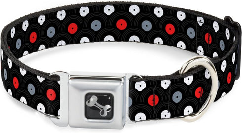 Dog Collar Seatbelt Buckle, Vinyl Records Stacked Design, Black Gray Red White, 18 to 32 Inches, 1.5 Inch Wide