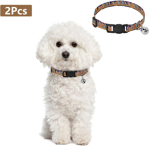 Qilmy 2-Pack Books Shelf Adjustable Pet Collar with Bell, Soft Dog Collar with Quick Release Buckle for Cats Small