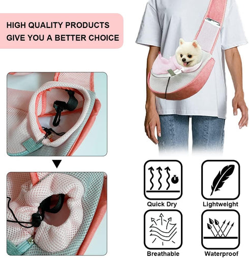 FEimaX Pet Dog Sling Carrier, Breathable Mesh Hand Free Bag for Small Dogs Cats, Adjustable Strap, Small, Pink