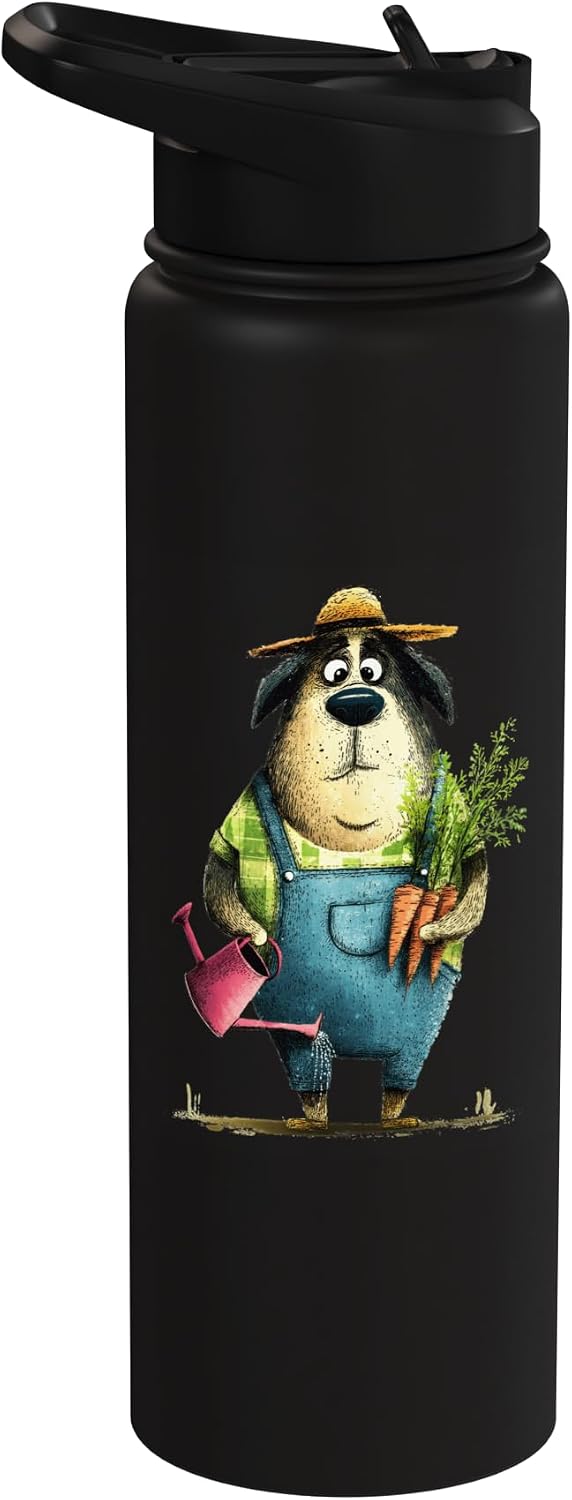 Garden Paws Designs Cute Dog Gardener with Carrots Watering Can Stainless Steel Insulated Water Bottle