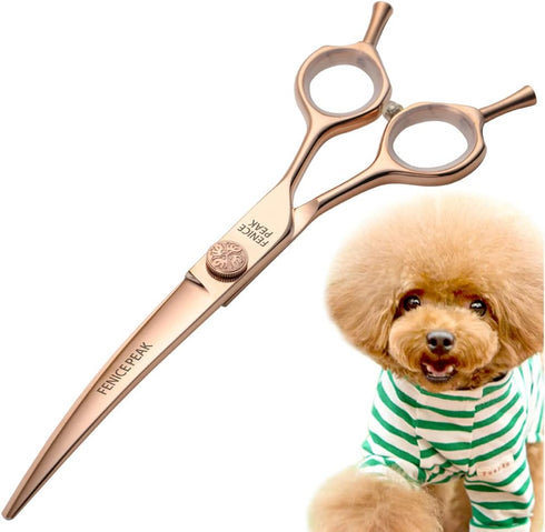Fenice Peak Curved Dog Grooming Scissors, Champagne Gold 440C Stainless Steel, Professional Pet Cutting Shears for