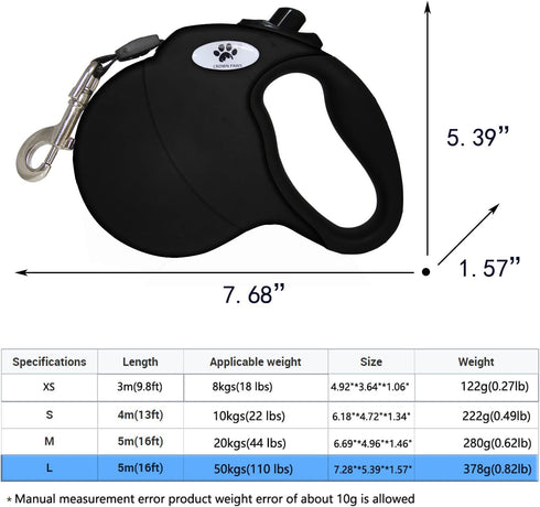 16 ft Retractable Dog Leash for Large Dogs up to 110 lbs; Tangle-Free Nylon Tape, Black