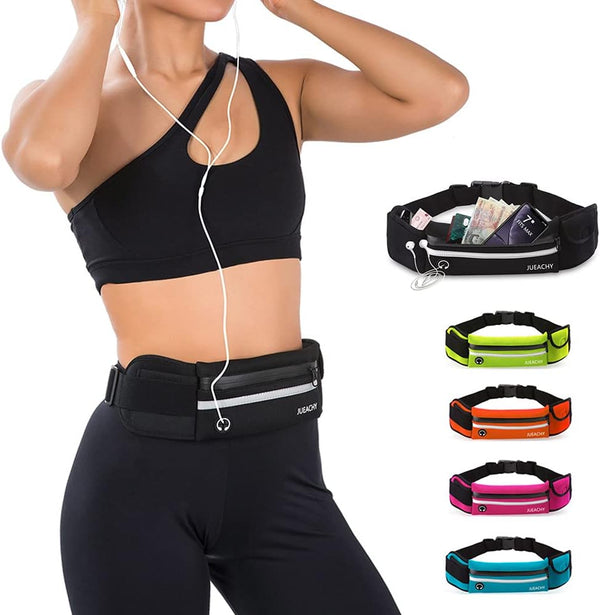 Jueachy Waterproof Running Belts for Women, Adjustable Fanny Pack Waist Pouch with Headphone Port