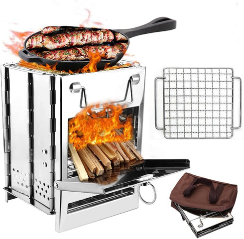Foldable Camping Wood Burning Stove with Grill, Collapsible Stainless Steel Campfire Stove for Outdoor Cooking