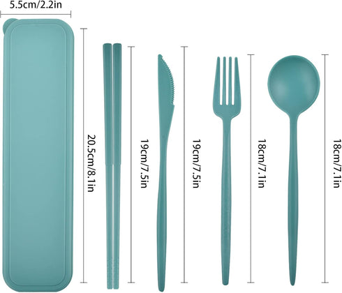Reusable Utensil Set with Case, 2 Sets Portable Travel Cutlery, Knives, Chopsticks, Spoons, Forks (Blue, Green)