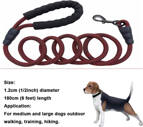 MayPaw Heavy Duty Nylon Dog Leash, 3/4/5/6/7/8/10/12/15 FT, Soft Padded Handle for Large Medium Dogs (1/2" 6ft,