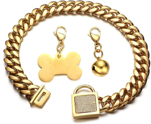 Strong Chain Dog Collar for Large Dogs, Gold Cuban Link with Bling Cubic Zirconia Buckle, 18mm Metal Chain with Gold