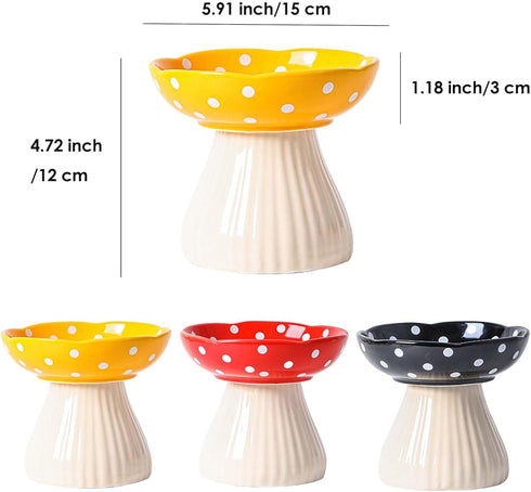Raised Cat Bowl, Cute Mushroom Cat Water Bowl, Elevated Cat Food Bowl, Ceramic Cat Bowls for Food and Water, Raised Cat Food Dish, Wide Shallow Cat Food Dish, Whisker Fatigue (Yellow)