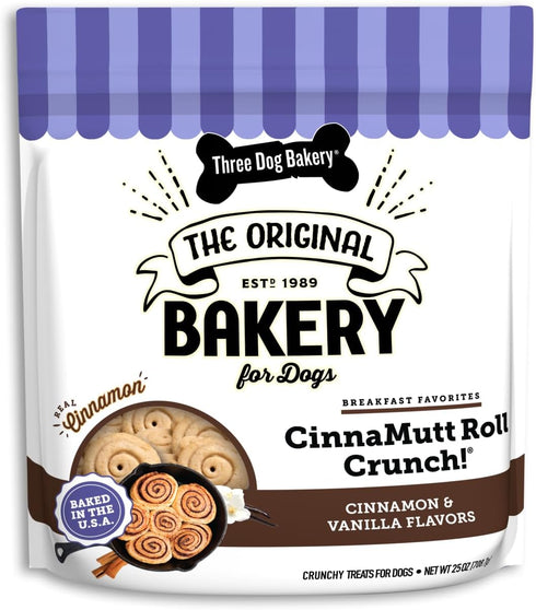 Three Dog Bakery CinnaMutt Roll Crunch Dog Treat, Crunchy Cinnamon Roll Flavored Cookie