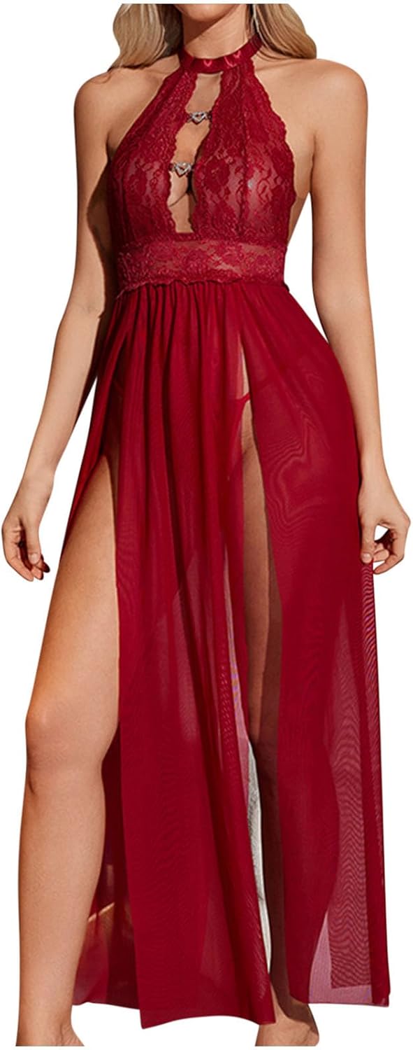 Borniu Women Lingerie Lace Babydoll Strap Chemise Halter Teddy V Neck Mesh Nightgown