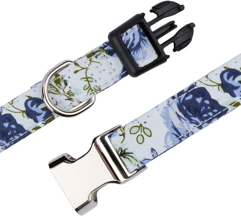 Girl Dog Collar, Cotton Pet Collar with Flowers Daisy and Rose Patterns, Adjustable Quick-Release Buckle for Small