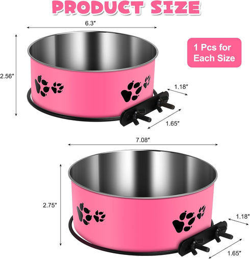 2 Pack Mountable Stainless Steel Kennel Bowls for Dogs, No Spill Hanging Water Bowls with Clamp Holder (Hot Pink)