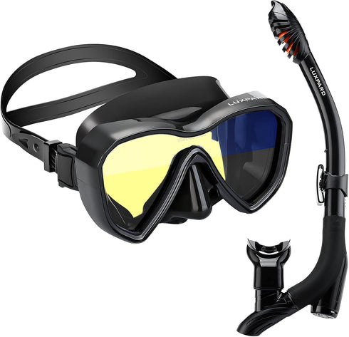 Snorkel Set with Anti-Fog Panoramic View Mask and Anti-Leak Dry Snorkel Tube | Snorkeling Gear for Adults with Kit Bag