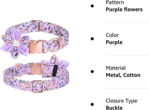 Dog Collar with Rhinestone Flower, Cute Floral Pattern for Female Dogs, Detachable Rhinestone Flower, Purple Flowers, M