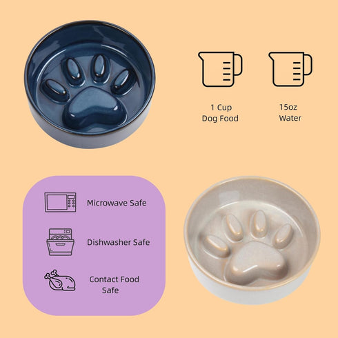 Slow Feeder Dog Bowls, Ceramic Bowl for Cats and Dogs, Non-Slip Silicone Mat, 6.2 inches Grey Pet Bowl