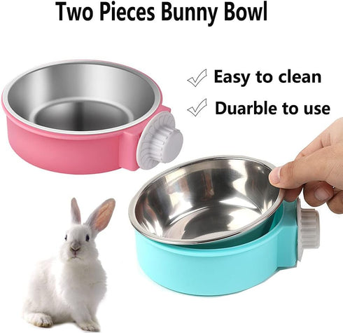 Rabbit Bowls Set, Big Pet Bunny Food Bowls Small Animals Cage Bowl and Stainless Steel Hanging Water Food Feeder Bowls for Big Bunny Food Dish
