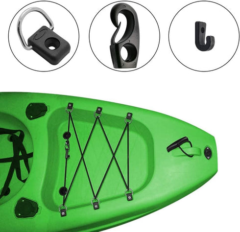 Kayak Deck Rigging Kit, 8 Feet Bungee Cord with Hooks and Fishing D-Ring for Kayak Boat Canoe
