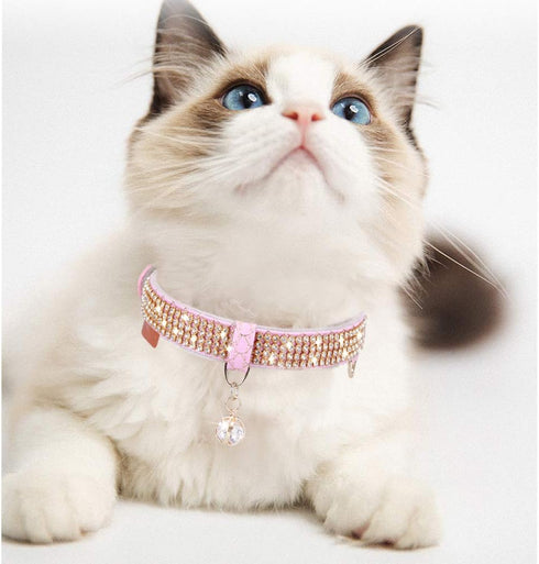 PetsHome Premium PU Leather Cat Collar, Dog Collar with Bling Rhinestones, Adjustable for Extra Small Pink Cat and