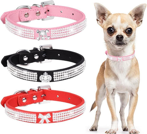 Cute Dazzling Sparkling PU Leather Bling Dog Collar with Rhinestone Crystal for Pets (XS, Blue)