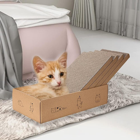 4 Packs in 1 Cat Scratch Pad with Box, Reversible Durable Cardboard Scratcher for Cats to Rest and Play
