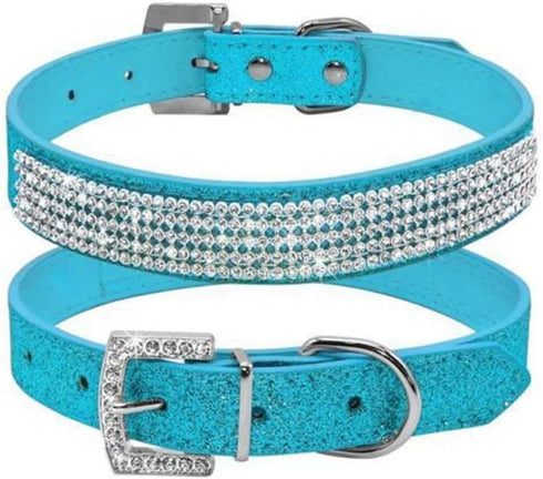 Cute Dazzling Sparkling Leather Dog Cat Rhinestone Collar, Crystal Diamond Pet Collar (Blue, S)