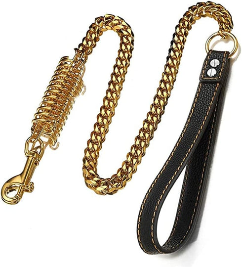 Gold Dog Chain Leash 15mm Cuban Link with Strong Buffer Spring, No-Pull Genuine Leather Handle for Large Dogs