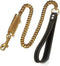 Gold Dog Chain Leash 15mm Cuban Link with Strong Buffer Spring, No-Pull Genuine Leather Handle for Large Dogs