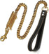 Gold Dog Chain Leash 15mm Cuban Link with Strong Buffer Spring, No-Pull Genuine Leather Handle for Large Dogs