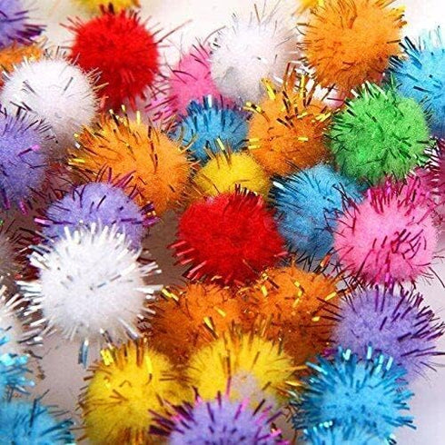 Random Color Mini Colorful Sparkly Glitter Tinsel Pompom Balls - Pack of 100 Pet Supplies for Dog Cat Bird