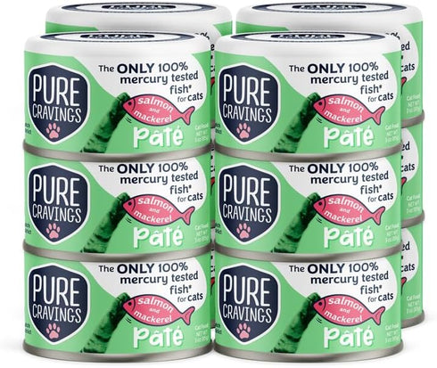 Salmon and Mackerel Pate Canned Wet Cat Food, 100% Mercury-Tested, Grain-Free Protein, 12 Pack
