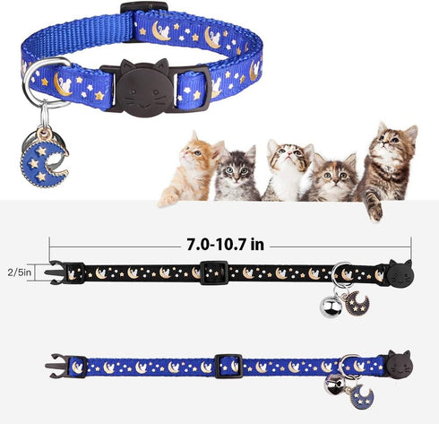 2Pcs Breakaway Cat Collars for Boy Cats, Adjustable Moons Collars with Bell & Pendant Glow in The Dark (Black+Blue)