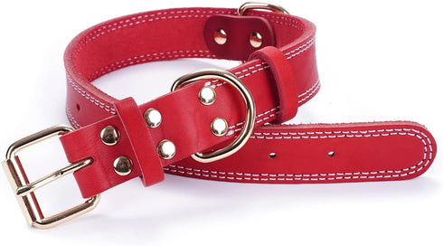 Genuine Leather Dog Collar, Heavy Duty Wide Collar for Small, Medium, Large, Extra Large Dogs (S: 0.8" Wide, Red)