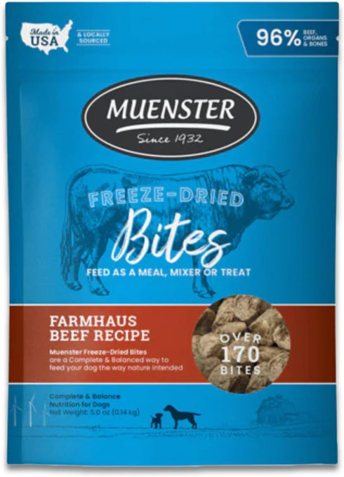 Muenster Freeze Dried Dog Food Topper Bites - 5oz, Farmhaus Beef Freeze Dried Raw Dog Food with Organic Minerals