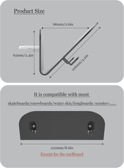 Wall Mount Holder for Skateboard/Snowboard/Longboard, Heavy-Duty Metal Display Rack with Hooks