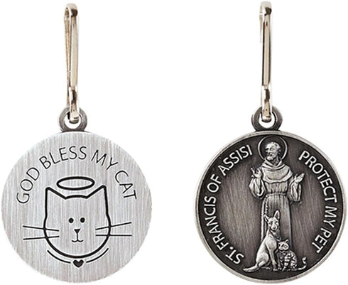 Silver Toned Saint Francis Protect My Pet Medal - 1 Inch with God Bless My Cat Back