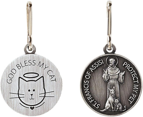 Silver Toned Saint Francis Protect My Pet Medal - 1 Inch with God Bless My Cat Back