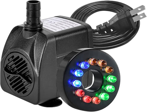 15W 264GPH Submersible Fountain Pump with 12 Colorful LED Lights for Outdoor Pond, Aquarium, Water Feature