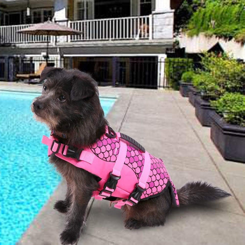 Queenmore Dog Life Jacket, Adjustable Ripstop Shark Safety Vest with High Buoyancy and Durable Rescue Handle, Pink Fish