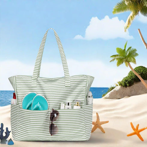 LEDAOU Large Waterproof Beach Tote Bag for Women, Sandproof Zipper Tote for Pool Gym Grocery Travel with Wet Pocket