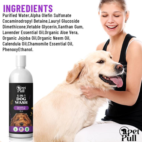 5-in-1 Dog Wash, Plant Based Grooming Supplies for Dogs, Sulfate Free Lavender and Chamomile Shampoo (16 Fl Oz)