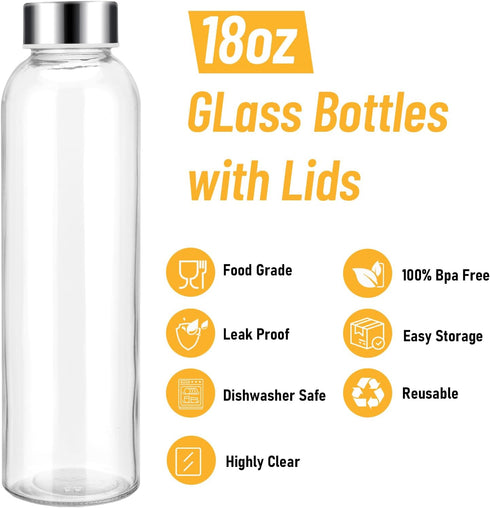 18oz Set 6, Sursip Glass Water Bottle of Clear glass juice bottle for juicingReusable Drinking Bottles with Stainless