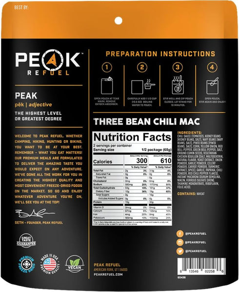 Peak Refuel Three Bean Chili Mac - Vegan Freeze Dried Backpacking Food, High Protein, Quick Prep, Lightweight Meals