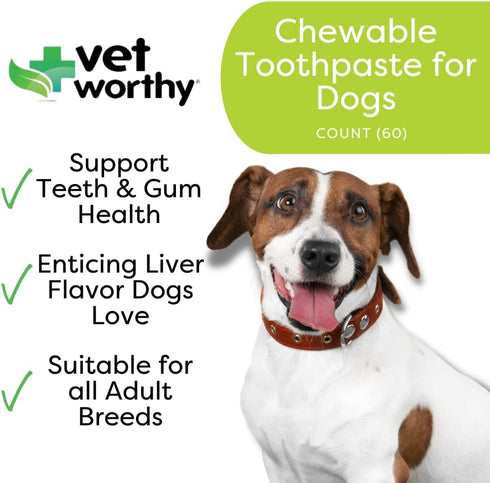 60ct Vet Worthy Chewable Toothpaste - Dog Teeth Cleaning Chews with Propolis & Zeolites - Toothpaste for Dogs - Tartar