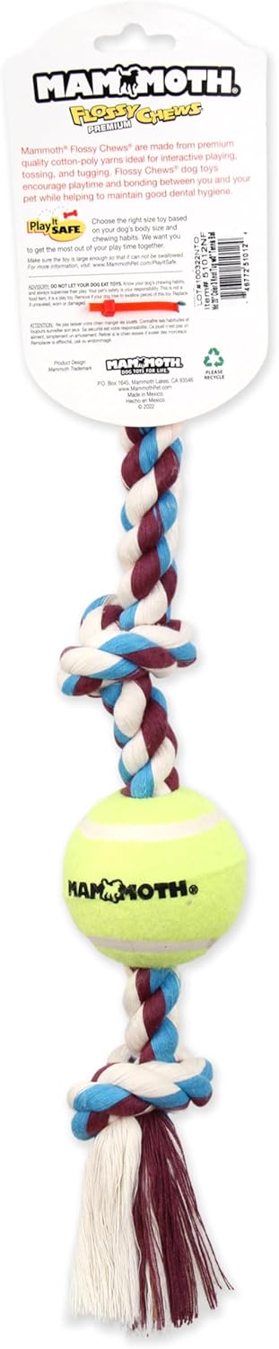 Mammoth Flossy Chews 12” Tug Toy with Standard Tennis Ball - Interactive Rope Toy for Medium Dogs