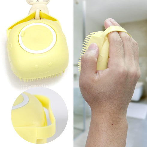 Dog Bathing Brush, Pet Massage Shampoo Dispenser, Soft Silicone Rubber Bristle for Dogs and Cats Grooming (Yellow)