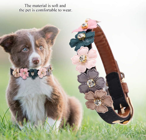 Stylish PU Leather Dog Collar with Flower Bow Tie, Pet Cat and Dog Collar for Medium to Large Dogs for Everyday Wear, Cute Decorative Dog Collar for Small Dogs, Puppy(Black S)
