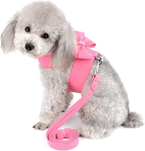 SELMAI Small Pet Dog Cat Bling Rhinestone Harness and Leash Set - Bow Girls Soft Ultra Suede Leather, Adjustable/No Pull