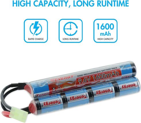 Tenergy 2 Pack 9.6V NiMH 1600mAh Rechargeable Butterfly Battery Pack with Mini Tamiya Connector for Airsoft AEG