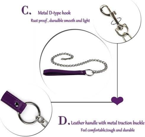Leather Choker Collar with Long Traction Chain, Rugged Durable Adjustable Necklace for Pets, Purple